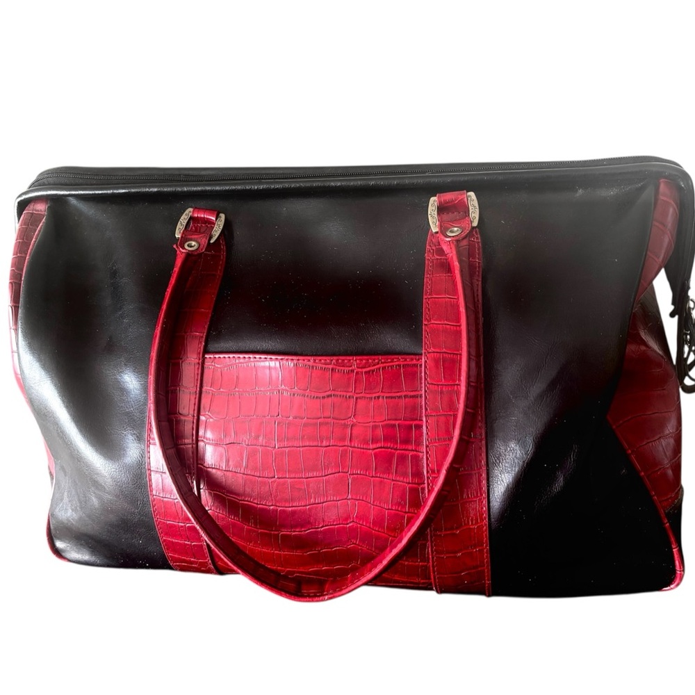 🔴 Black & Red Croc-Embossed Leather Tote Bag